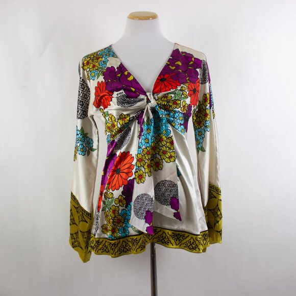 Vtg Hale Bob Silk Blend Tunic Top Sz M Boho Y2K Babydoll Front Tie Floral - Picture 1 of 7